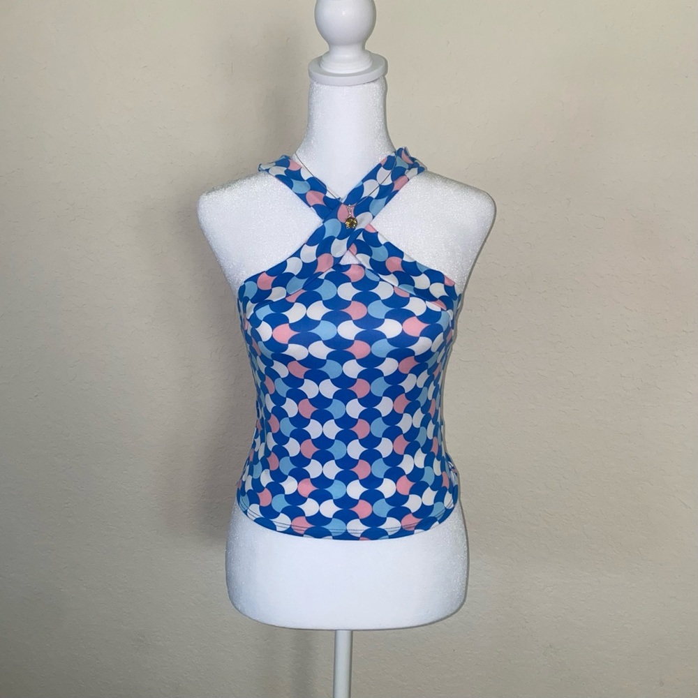 Crisscross Blue Funky Retro Halter Top. Size Small.